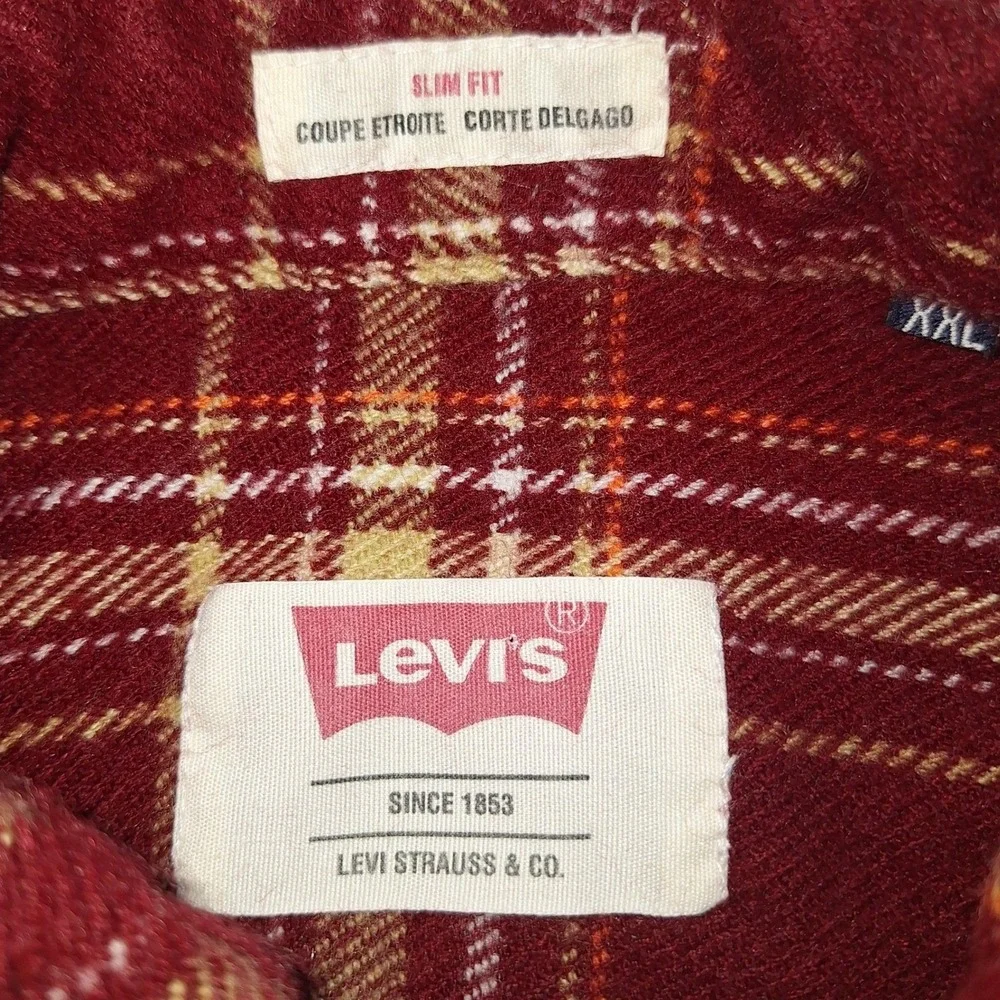Levi Strauss & Co Shirt Mens 2XL Red Plaid Flannel Long Sleeve Slim Fit Heritage